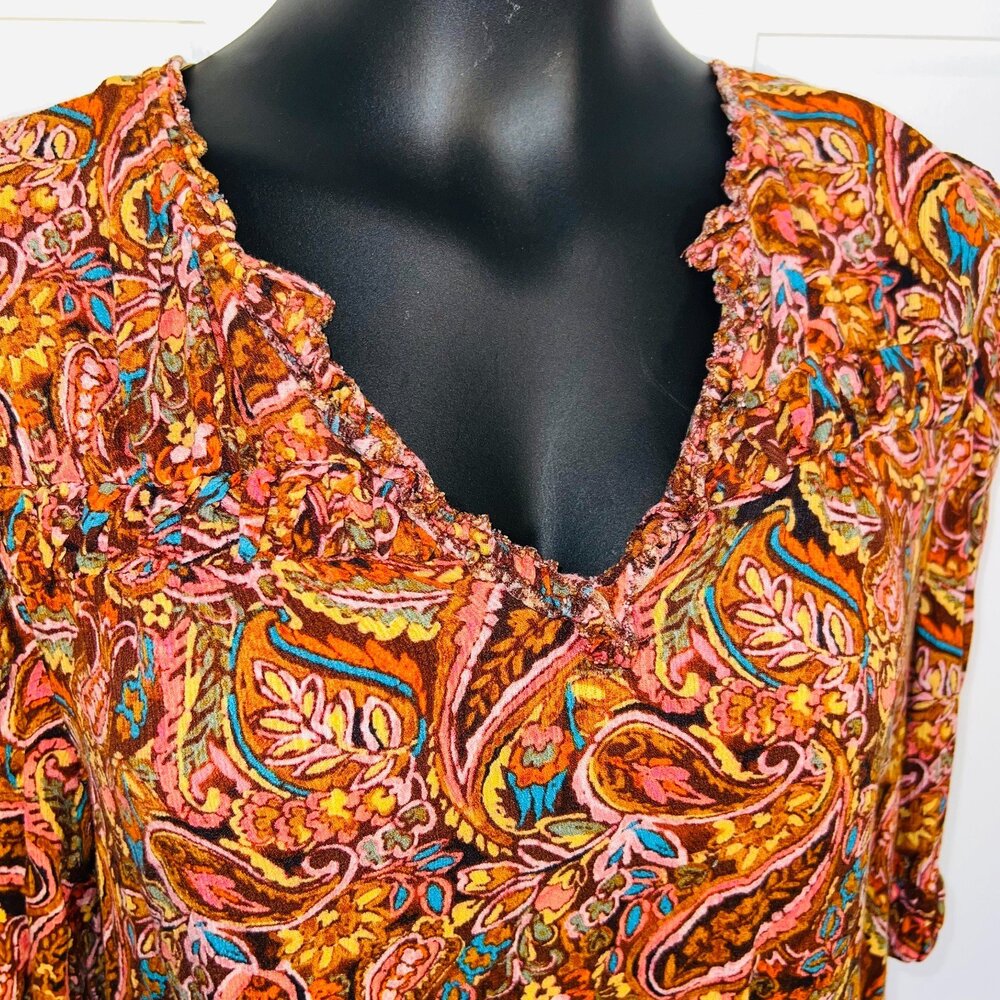 Democracy Peasant Blouse Women's L Brown Paisley V-Neck Bubble Half Sleeves - Picture 3 of 10